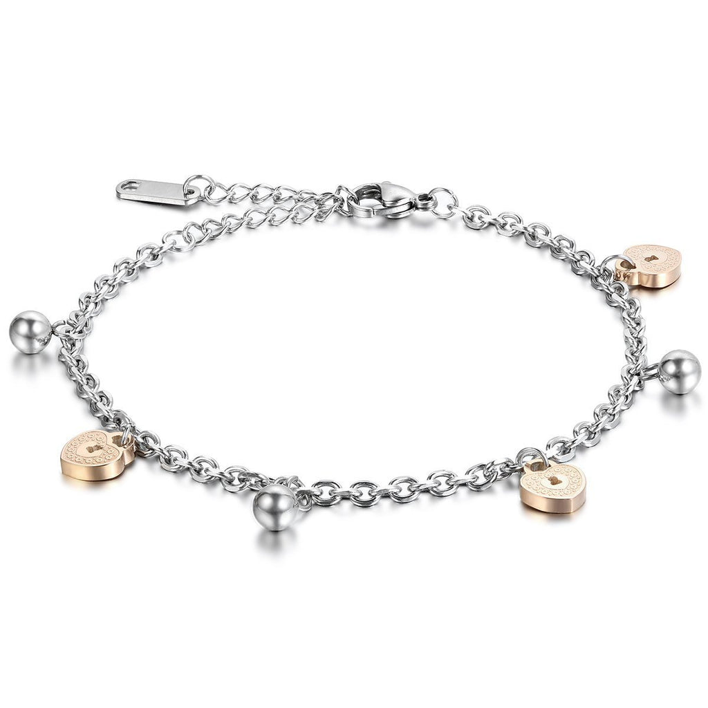 [Australia] - JewelryWe Stainless Steel Rolo Chain Ankle Bracelet Heart Lock Anklet Adjustable, Rose Gold Silver 