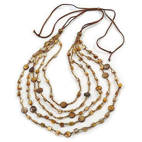 [Australia] - Avalaya Long Multistrand, Layered Dark Brown, Golden Brown Sea Shell Bead Necklace with Suede Cord - Adjustable - 72cm/ 110cm L 