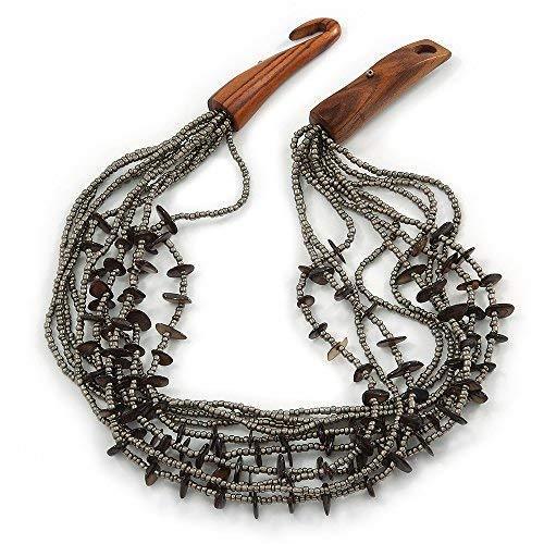 [Australia] - Avalaya Ethnic Multistrand Metallic Grey, Black Glass Necklace with Wood Hook Closure - 50cm L 