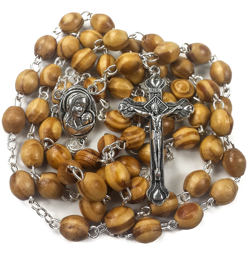 [Australia] - Catholic Prayer Rosary Olive Wood Beads Necklace Holy Soil Medal & Metal Cross Nazareth Store Velvet Gift Bag 
