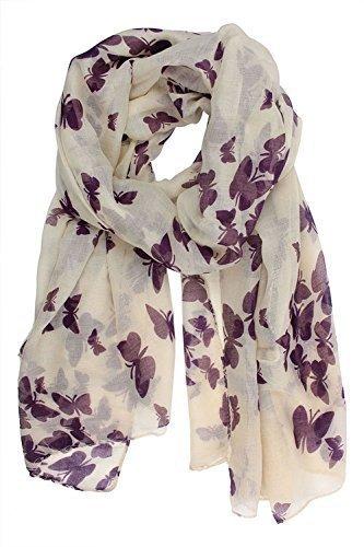 [Australia] - World of Shawls New Butterfly Print Ladies Celebrity Style Scarves Maxi, Scarf, Wrap, Sarong, shawls Cream/Plum 