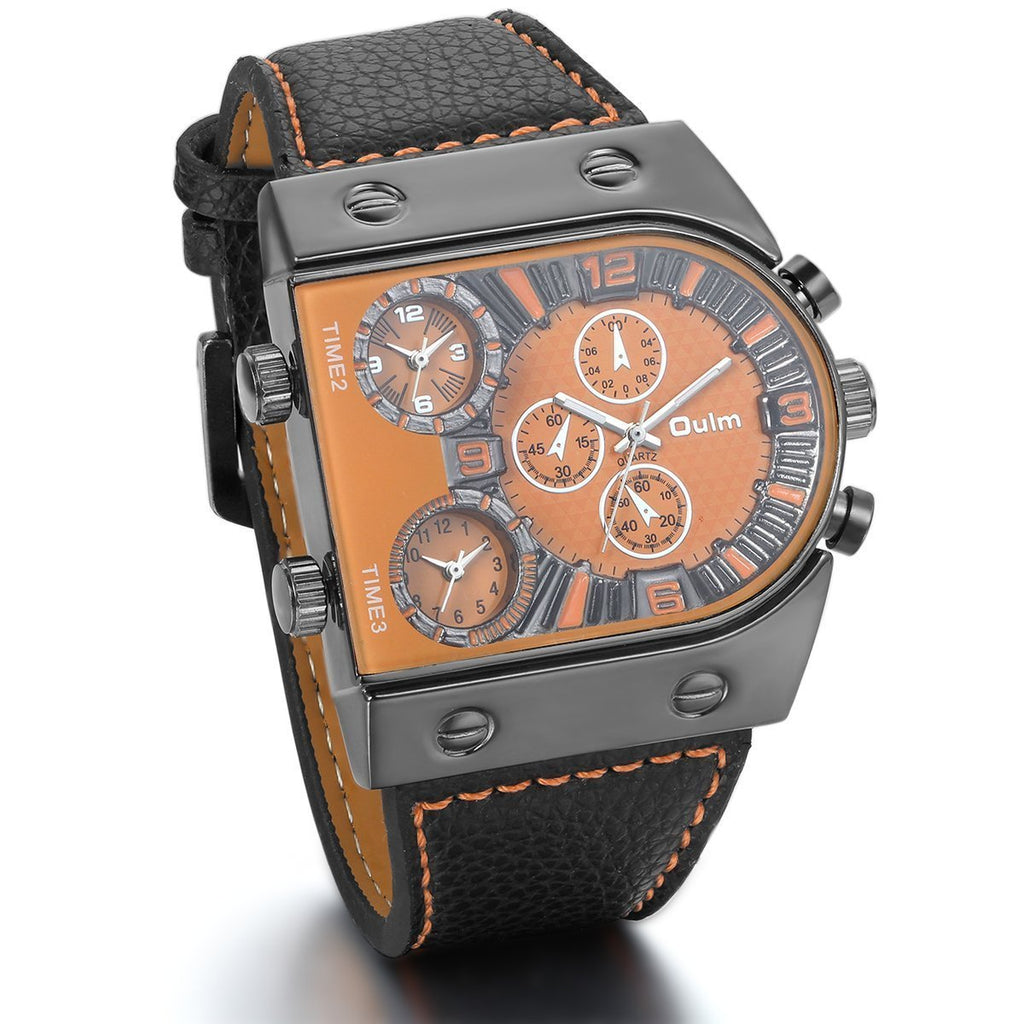 [Australia] - JewelryWe Mens Oversize 3 Time Zone Leather Quartz Military Sport Watches Orange 