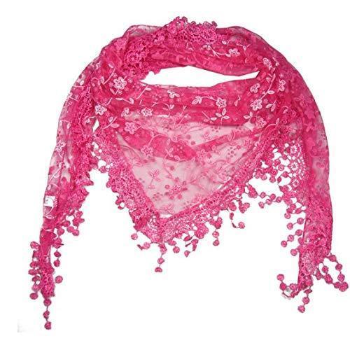 [Australia] - Pamper Yourself Now Fuschia Pink with White Glittery Flower lace Triangle Scarf with lace Trim 