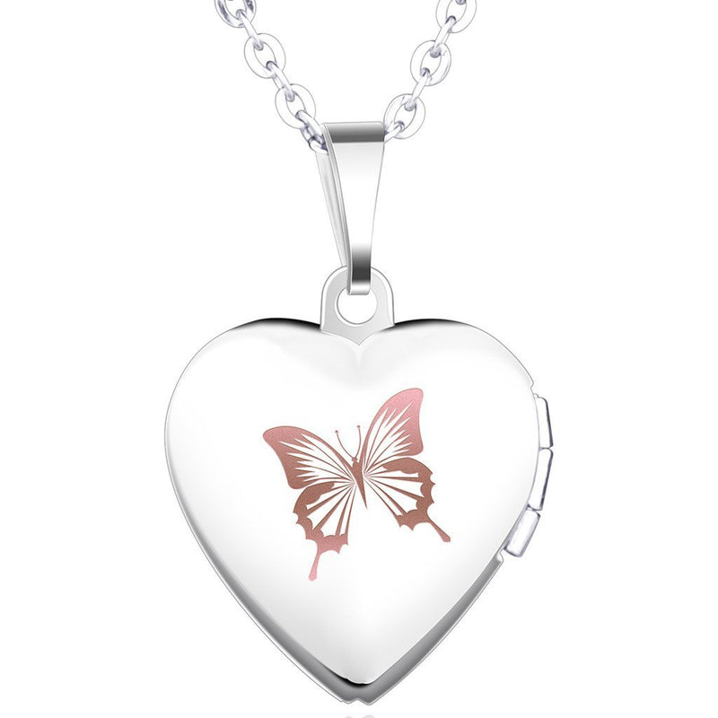 [Australia] - Infinite U Engraving Butterfly Open Heart Photo Locket Stainless Steel Pendant Necklace for Girls/Women (Enable to Engrave Your Own Words) Pink 