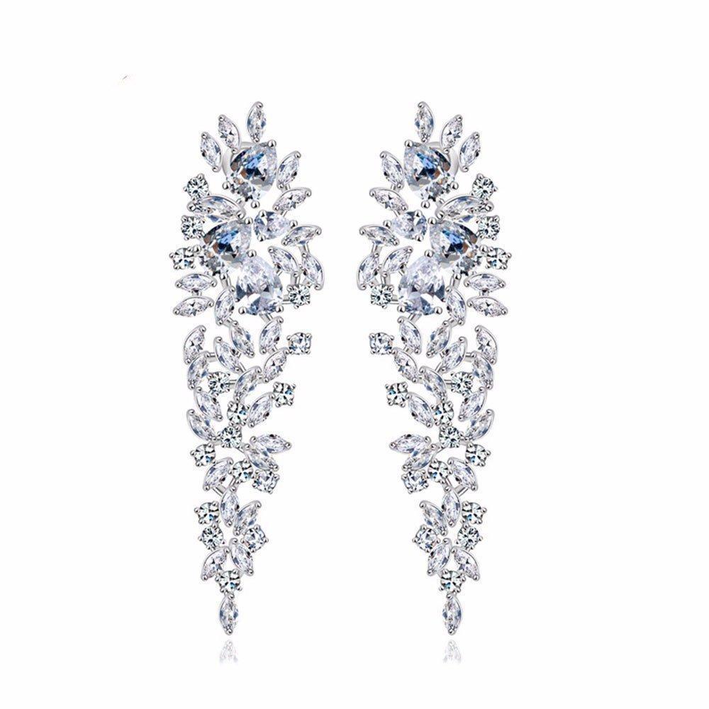 [Australia] - Gulicx Beautiful White CZ Silver Tone Leaf Chandelier Bridal Earrings for a Wedding 