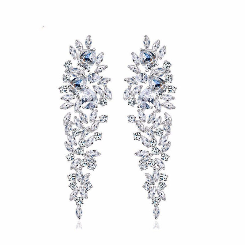 [Australia] - Gulicx Beautiful White CZ Silver Tone Leaf Chandelier Bridal Earrings for a Wedding 