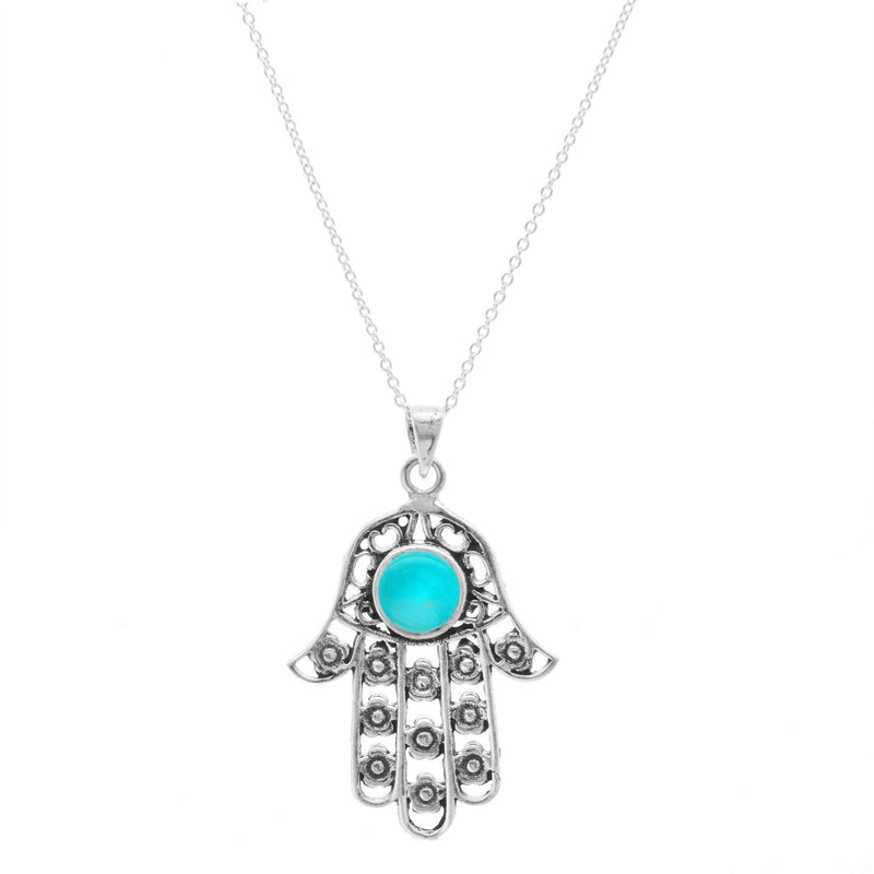 [Australia] - Silverly Women's .925 Sterling Silver Simulated Turquoise Hamsa Hand Pendant Necklace, 18" 