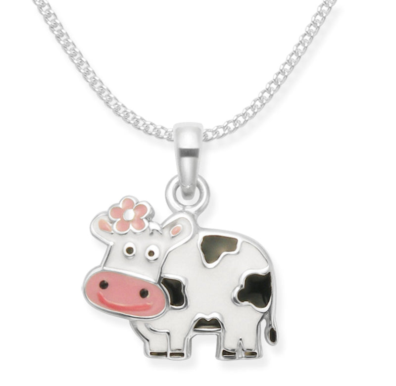 [Australia] - Heather Needham Sterling Silver Children's Cow Necklace on Silver chain. Enamel Cow Pendant - SIZE: 10mm x 12 mm. 4839. Gift Boxed. Please choose chain length below. 18.0 Inches 