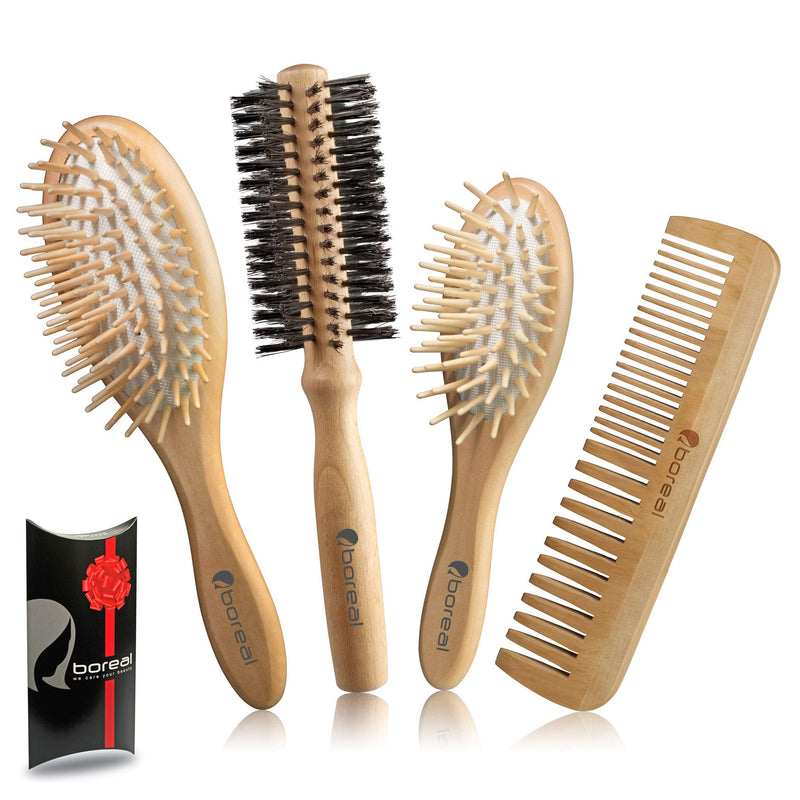 [Australia] - THE ORIGINAL BRUSH BOX. Hair brush set, natural wood consisting of: Pneumatic brush big model, pneumatic brush for woman purse, roller brush bristle fibres 57 mms. diameter, comb. All wrapped in an elegant gift box. 