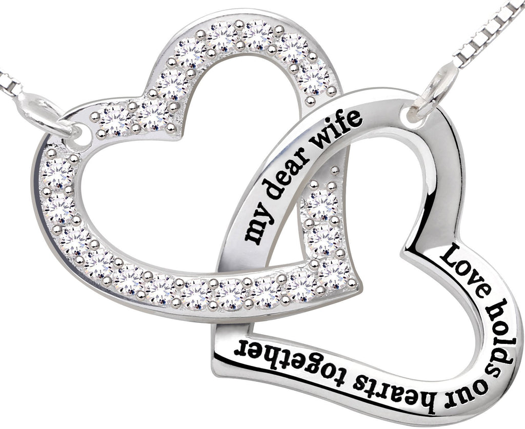 [Australia] - ALOV Jewelry Sterling Silver"my dear wife love holds our hearts together" Love Heart Cubic Zirconia Necklace 