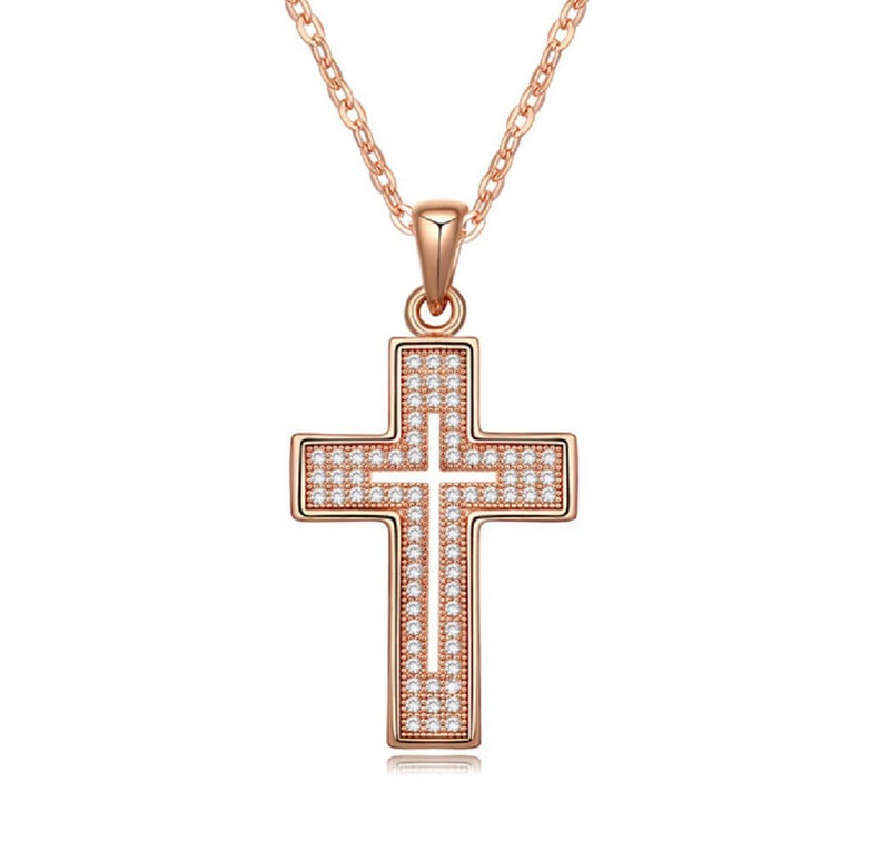 [Australia] - Crystalline Azuria Women 18 ct Rose Gold Plated White Zirconia Crystals Cross Pendant Necklace 18" 