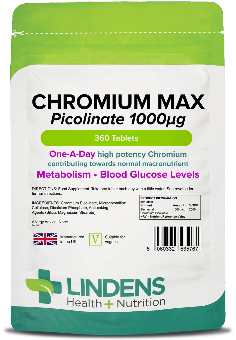 [Australia] - Lindens Chromium Max 1000mcg Picolinate - 360 Vegan Tablets | Normal Blood Sugar Levels, Metabolism | Mega Potency (2500% NRV) | 12 Months Supply, UK Manufacturer, Letterbox Friendly 