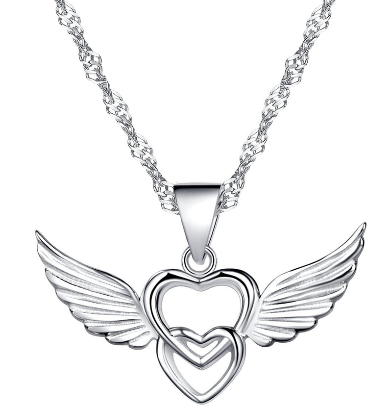 [Australia] - Infinite U Classic 925 Sterling Silver Double Heart Angel Wings Pendant Necklace for Women Wedding 