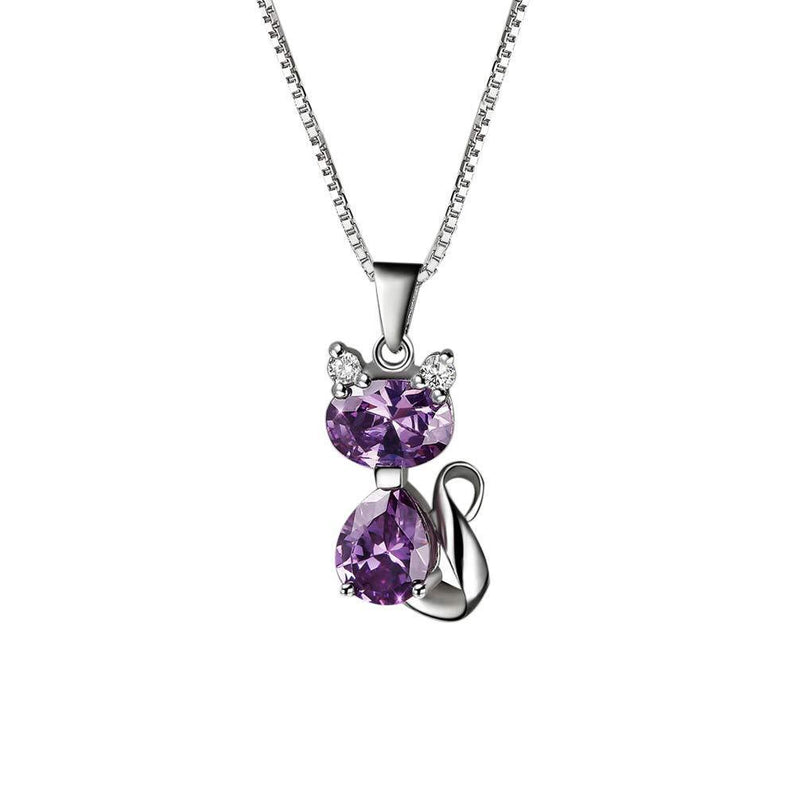 [Australia] - Aoneky Amethyst Cat Pendant Necklace - Valentine’s Day Gift for Her, Best Sweet Present for Women and Girls Birthday, Christmas with 18" Silver Chain and Lovely Box 