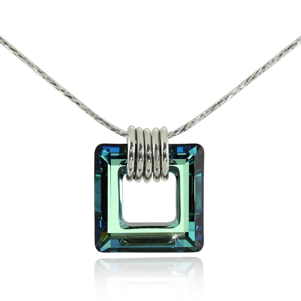 [Australia] - Stera Jewelry 925 Sterling Silver Necklace Made with Square Bermuda Blue or AB Swarovski Crystal Pendant 