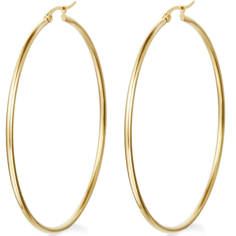 [Australia] - Flongo Women's Stainless Steel Gold Big Large Round Plain Anti-allergy Hoop Loop Earrings 63mm 