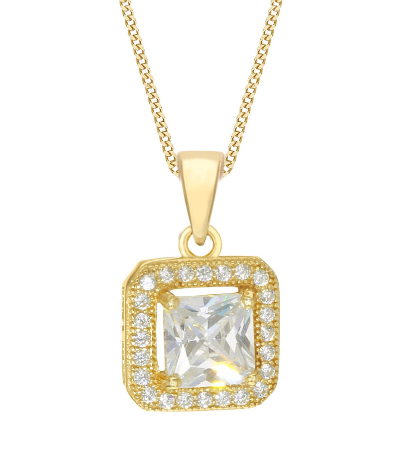 [Australia] - Tuscany Silver Women's Sterling Silver 6 mm Square Cubic Zirconia 10 x 17 mm Pendant Curb Chain Necklace of Length 46 cm/18 Inch Yellow Gold Plated 