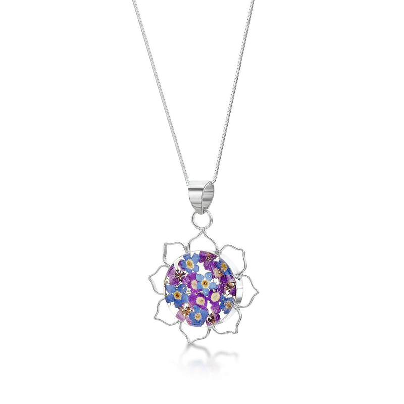 [Australia] - Sterling Silver Real Flower Pendant Necklace - Forget-Me-Not - Large Spiral - 18" Chain Included 