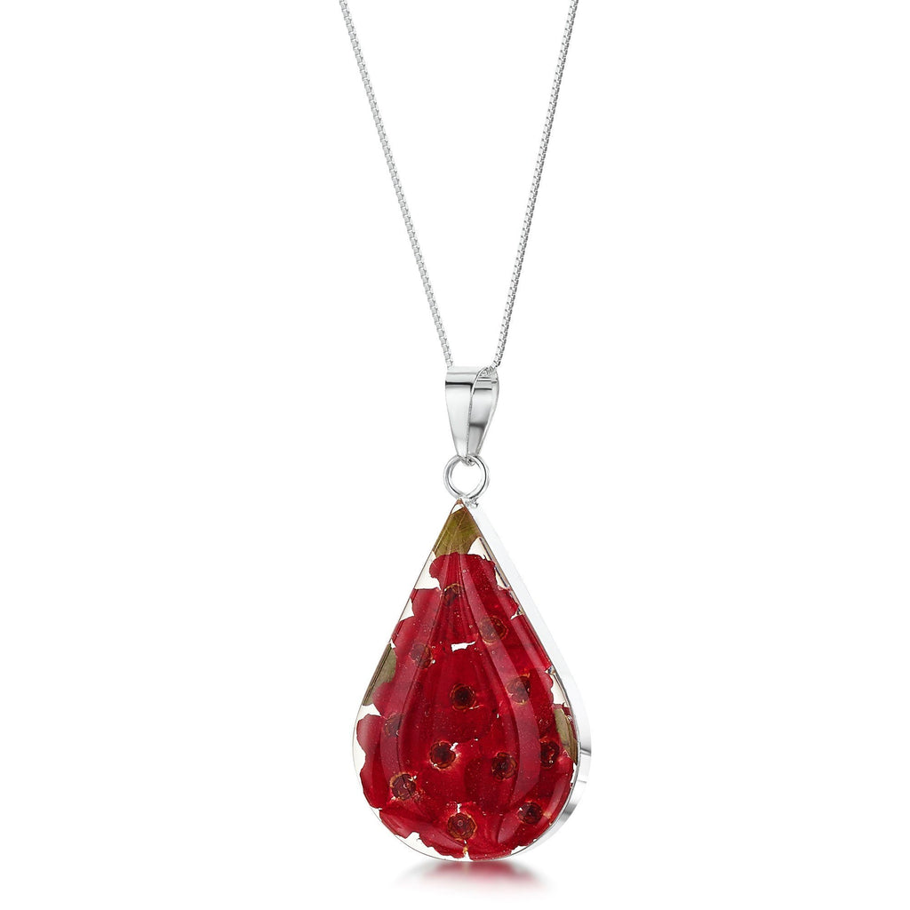 [Australia] - Sterling Silver Real Flower Pendant Necklace - red Poppy - Teardrop - 18" chain included 