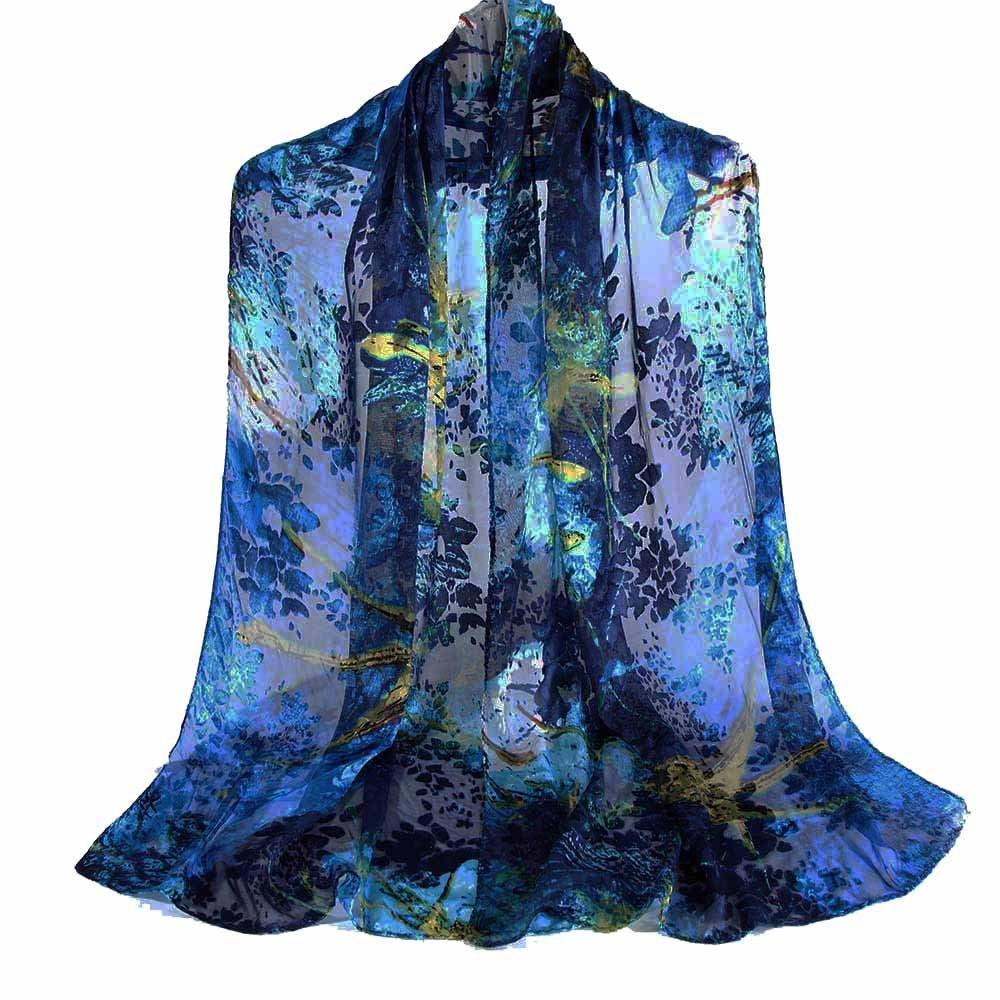 [Australia] - Signare Watercolour Satin Scarf Light Weight Silk Scarf for Women Blue 