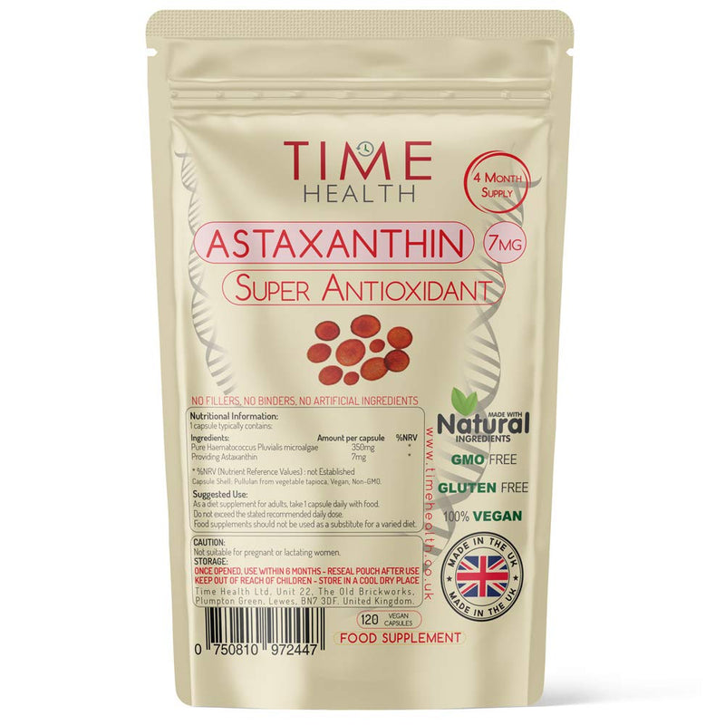 [Australia] - Astaxanthin - 7mg Optimal Dose - 120 Capsules - Super Antioxidant - Haematococcus Pluvialis - 100% Pure Natural Bioavailable 4 Month Supply - UK Manufactured - Zero Additives 120 Count (Pack of 1) 