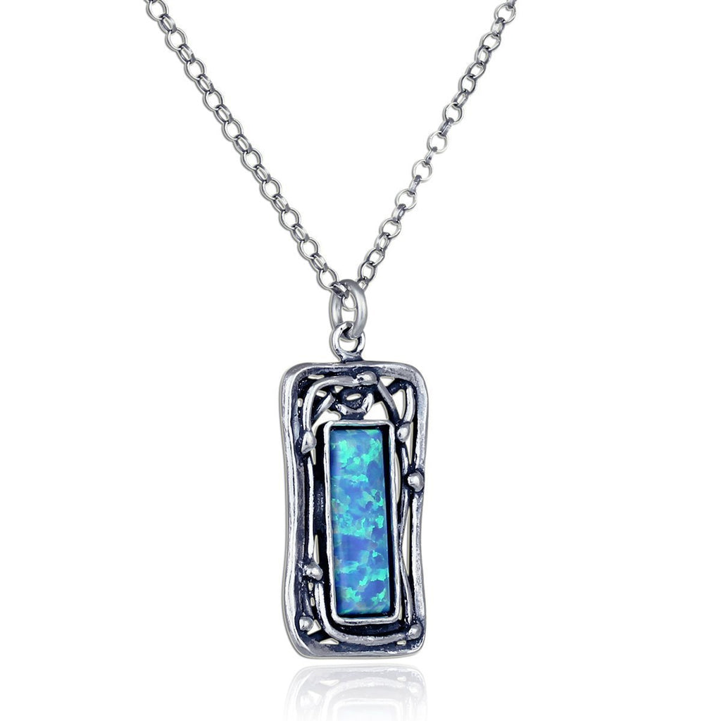 [Australia] - Stera Jewelry 925 Sterling Silver Retro Vintage Style Choice of Gemstone Rectangle Pendant Necklace Created Blue Opal 