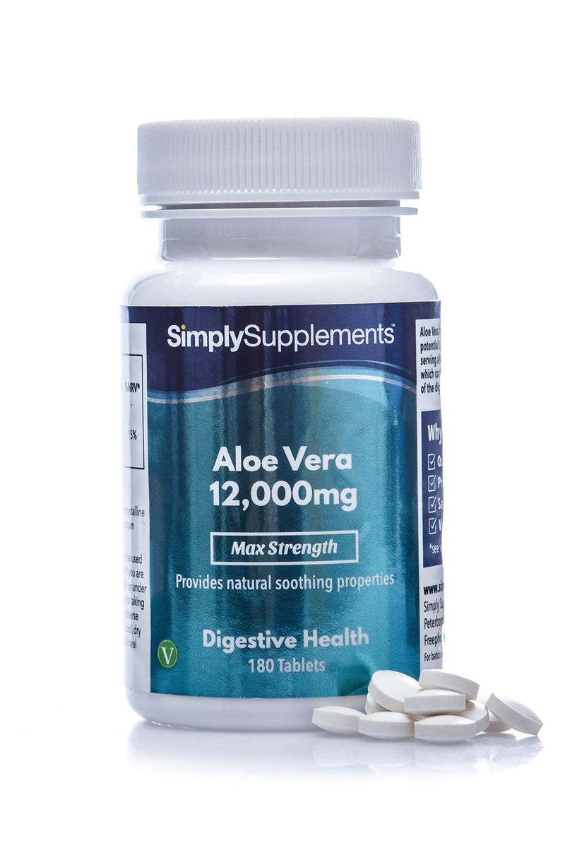 [Australia] - Aloe Vera Tablets 12,000mg | Digestive Support Supplement | Vegan & Vegetarian Friendly | 180 Aloe Vera Extract Tablets = 3 Month Supply | Manufactured in The UK 