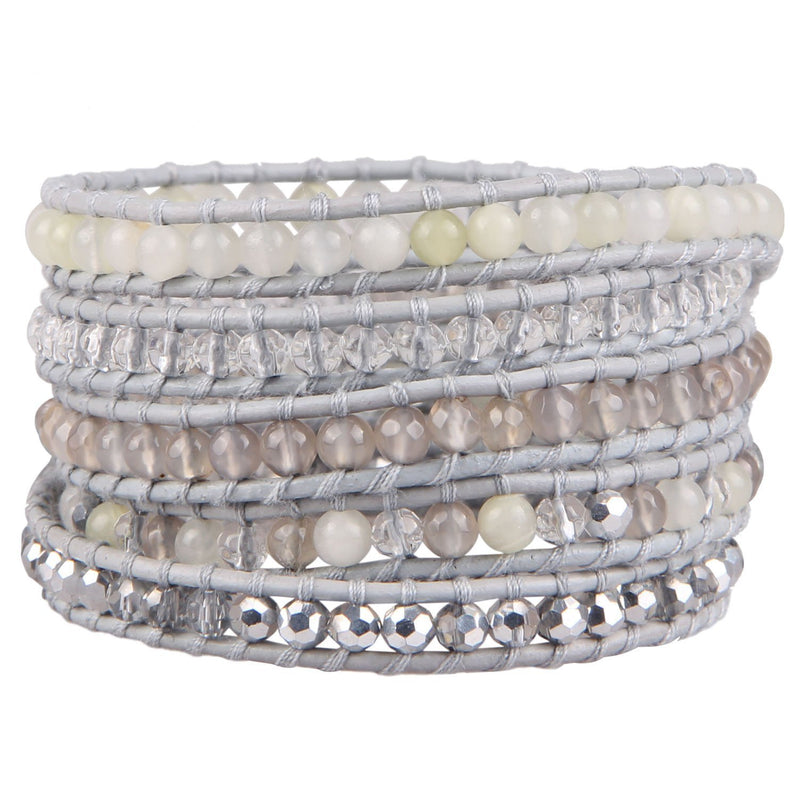 [Australia] - KELITCH Blue Leather 5 Wrap Bracelets Handmade Crystal Beaded Bracelets New Jewelry Bangle Grey 80 