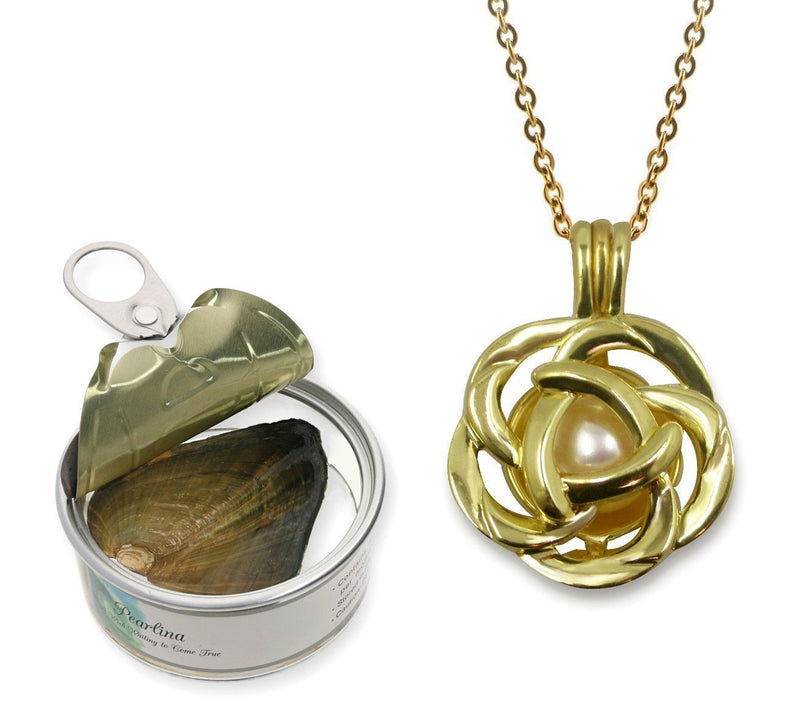 [Australia] - Pearlina Rose Flower Gold Plated Cage Necklace Cultured Pearl in Oyster Set w/Stainless Steel Chain 18" 