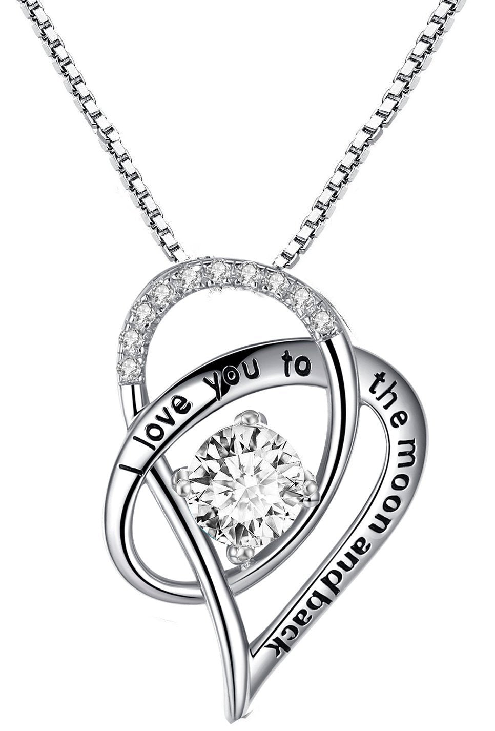 [Australia] - Sterling Silver"I Love You To The Moon and Back" Engraved Love Heart Pendant Necklace - White 