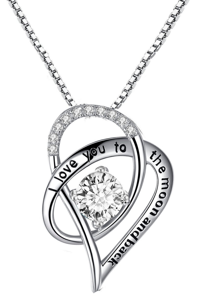 [Australia] - Sterling Silver"I Love You To The Moon and Back" Engraved Love Heart Pendant Necklace - White 