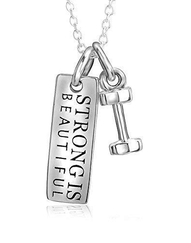 [Australia] - Sterling Silver"Strong Is Beautiful" Dumbbell Pendant Necklace Cable Chain 
