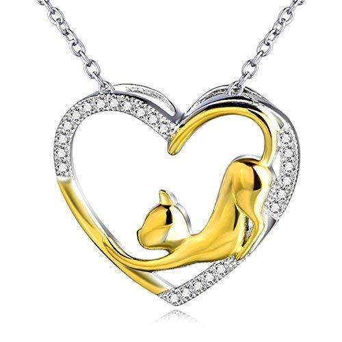 [Australia] - Goldtone Sterling Silver & Cubic Zirconia Cat Love Heart Pendant Necklace For Women Cable Chain 