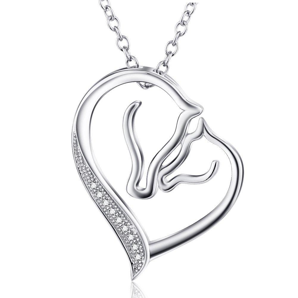 [Australia] - YFN 925 Sterling Silver Horseshoe Girl and Horse Ponny Heart Pendant Horse Necklace Unicorn Necklace and Earrings Jewellery Gifts for Women Girls Love Heart 