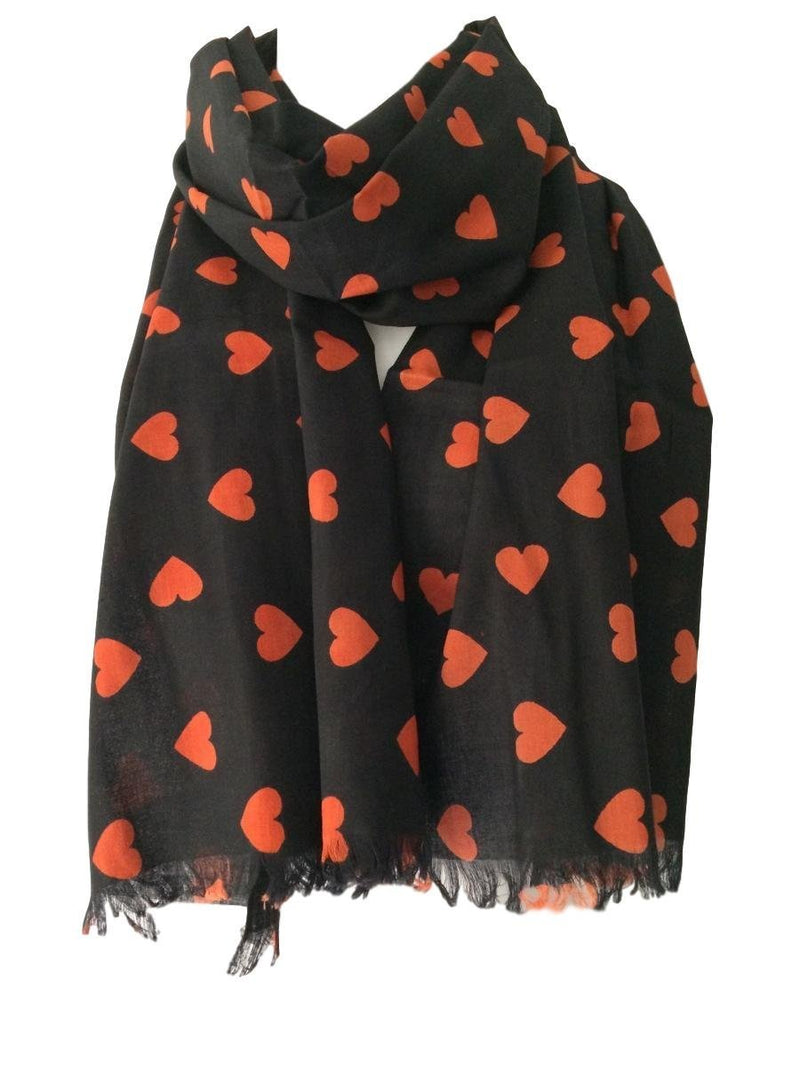 [Australia] - Purple Possum® Black Scarf Red Love Heart Print Fair Trade 100% Pure Cotton Hearts Scarf 