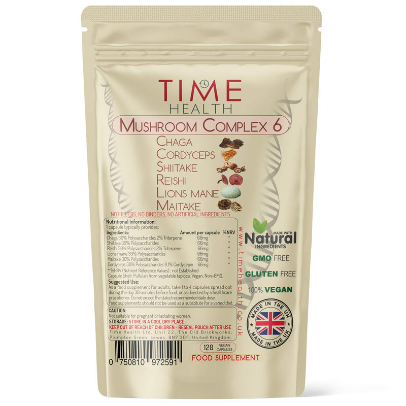 [Australia] - Mushroom Complex 6 | 120 Capsules | Maximum Strength 12000mg per Capsule | Chaga, Cordyceps, Shiitake, Reishi, Lions Mane, Maitake | Zero Additives | 100% Vegan | UK Made (120 Count) 