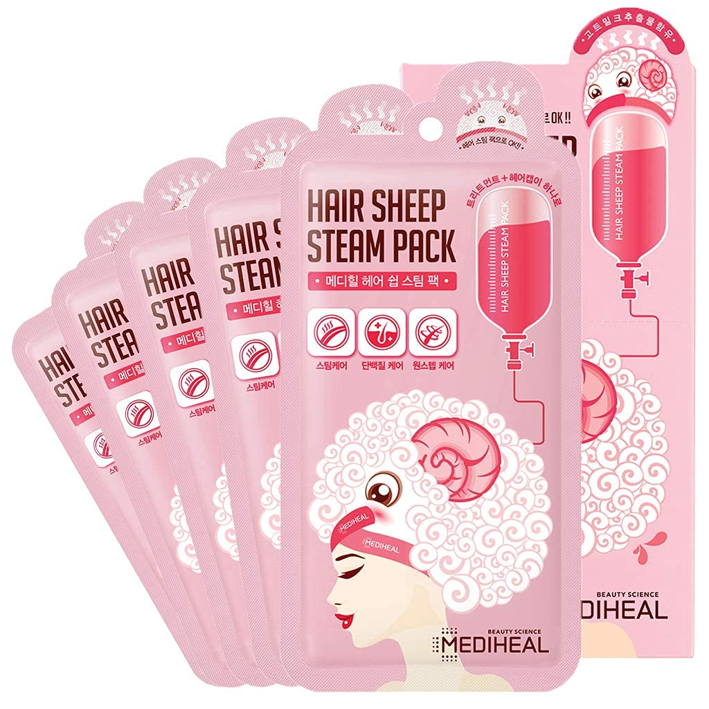 [Australia] - MEDIHEAL Hair Sheep Steam Pack 5 Sheets, Hair Mask for Intense Hair Repair for Damaged and Rough Hair, steaming hair mask for All Hair Types for At-Home Spa Experience 