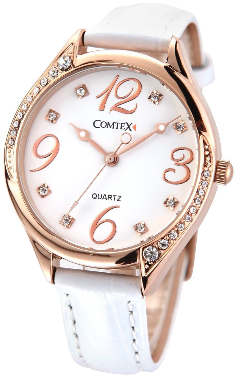 [Australia] - COMTEX Ladies Watches White Large Face Leather Rose Gold Tone White Leather Strap Fashion Watches A-rose Gold 