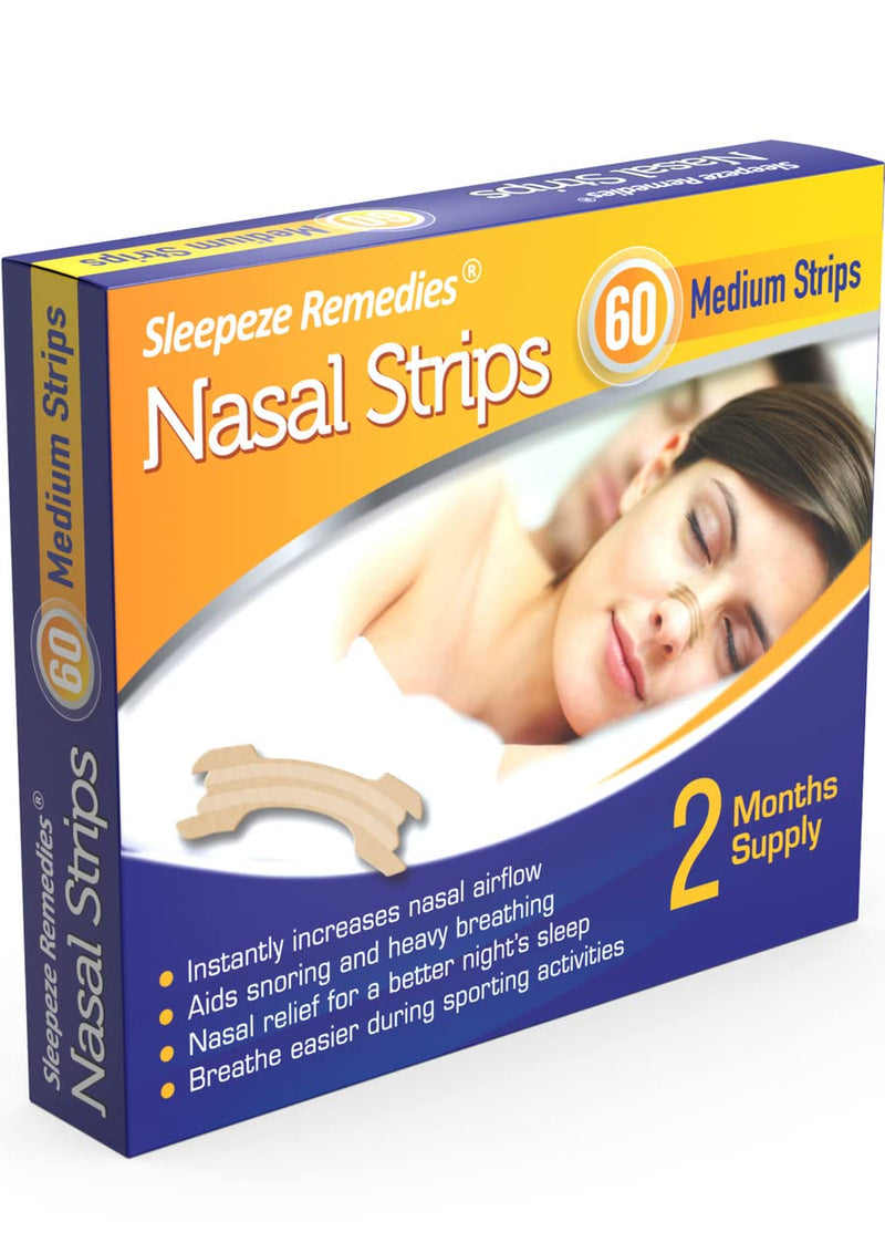 [Australia] - Nasal Strips Medium (x 60 Pack) Nose Strip to Stop Snoring, Snoring Strips to Help You Breathe Through Your Nose, Anti Snore Nasal Strips for Snoring by Sleepeze Remedies (60 Count (Pack of 1)) 