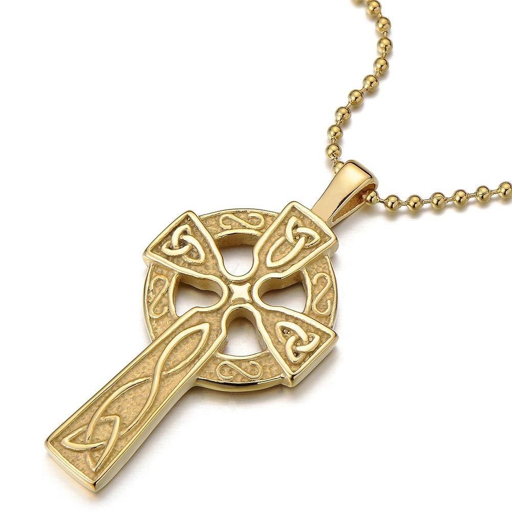 [Australia] - Stainless Steel Gold Color Mens Womens Celtic Cross Pendant Necklace with 23.6 in Ball Chain 01 