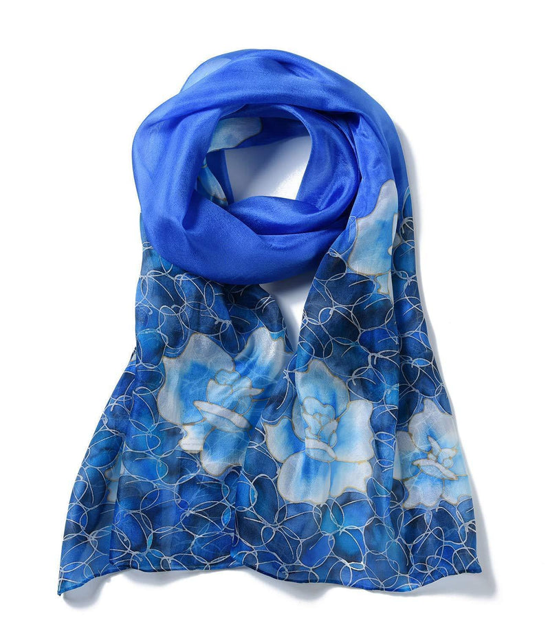 [Australia] - Invisible World Women's 100% Mulberry Silk Scarf Hand Painted Rose Peony Flower Long for Neck or Hair - Celestial Blue 