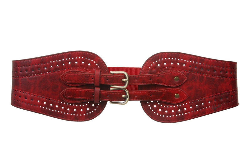 [Australia] - Ladies 5" Wide High Waist Fashion Double Buckles Stretch Belt M/L - 32"~36" Red 