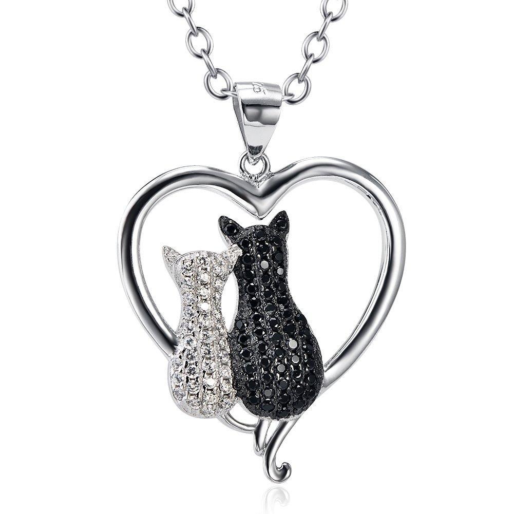 [Australia] - Cat Necklace Sterling Silver Animal Cats Heart Pendant Necklace Jewellery Gifts for Women Mum Daughter Black cat necklace 