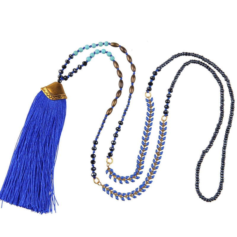 [Australia] - KELITCH Turquoise Beaded Necklaces Multi Color Long Tassel Pendant Necklaces Fashion Jewelry 2021 (Blue) 