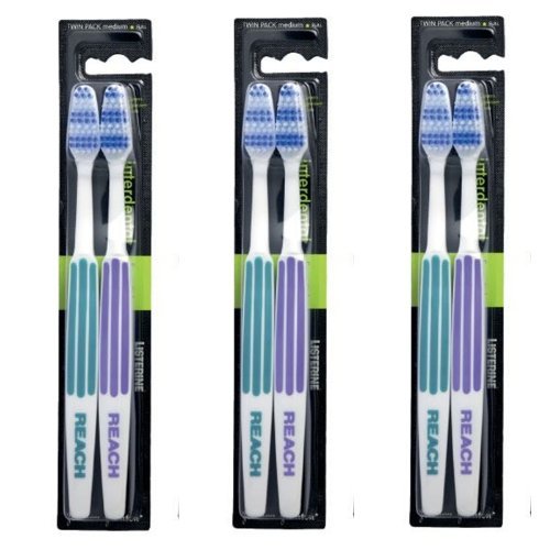 [Australia] - REACH Essential Care Interdental Medium Toothbrush, Duo Pack x 3, Full Head Hard Bristle Manual Toothbrushes, Variety Colors Multipack, Daily Oral Enamel Dental Care 