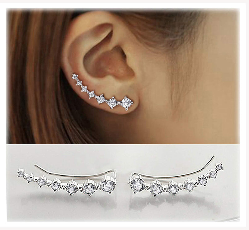 [Australia] - 7 Crystals Ear Cuffs Hoop Climber S925 Sterling Silver Earrings Hypoallergenic Earring White 