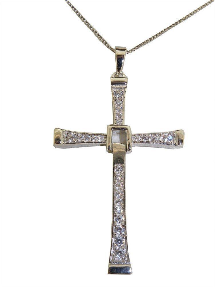 [Australia] - Sterling Silver Crucifix Cross Pendant set with Cubic Zirconia & Chain 16.0 Inches 