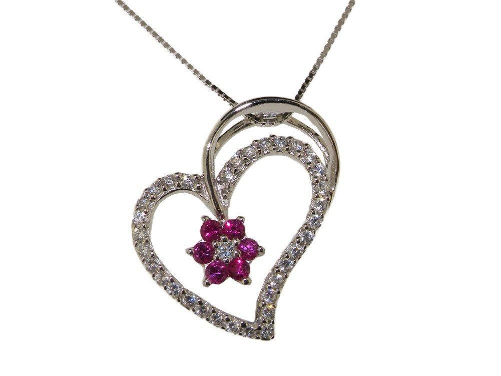 [Australia] - High Quality Solid 925 Sterling Silver Heart & Flower Pendant set with White & Red Cubic Zirconia CZ stones & Silver Chain 40.0 Centimetres 