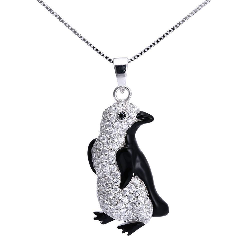 [Australia] - High Quality Solid 925 Sterling Silver Black Enamel Penguin Pendant set with White Cubic Zirconia CZ stones & Silver Chain Necklace 40.0 Centimetres 