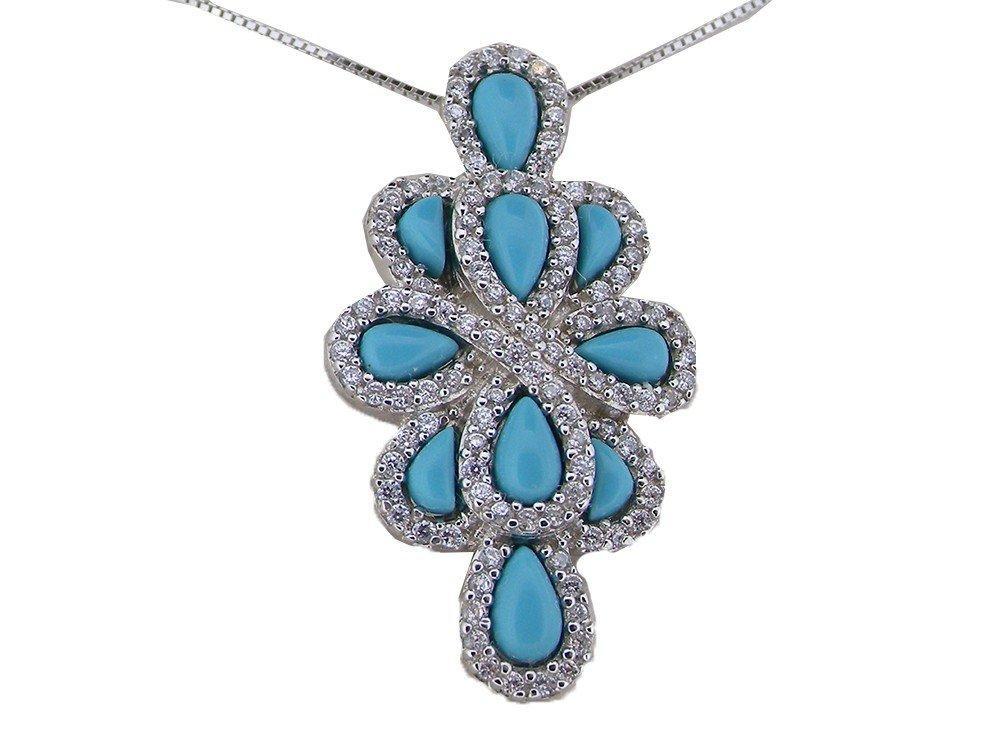 [Australia] - Sterling Silver Ornate Vintage style Pendant set with Turquoise & White Cubic Zirconia CZ stones & Silver Chain Necklace 40.0 Centimetres 